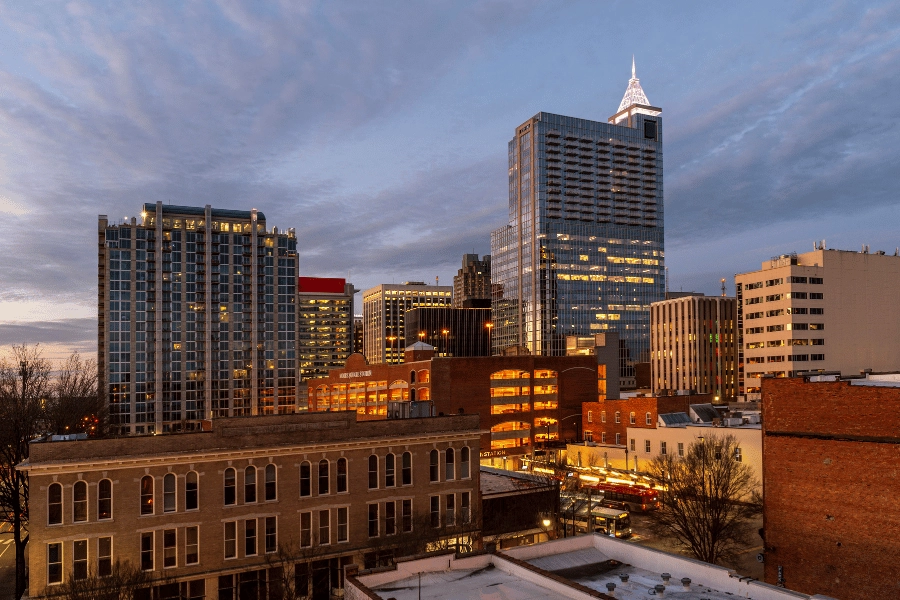 Beautiful Raleigh, NC, skyline at dusk 